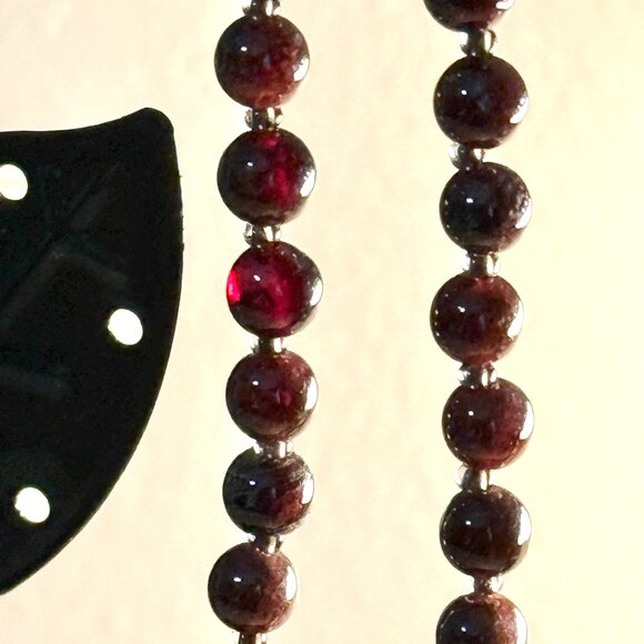 Deep Wine Red Garnet Short Necklace, Genuine Gemstone & Bronze Cat on the Moon - Picture 12 of 15